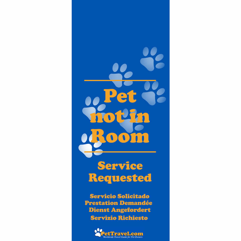 Blue door hanger with paw prints and text about pet services requested on a white background