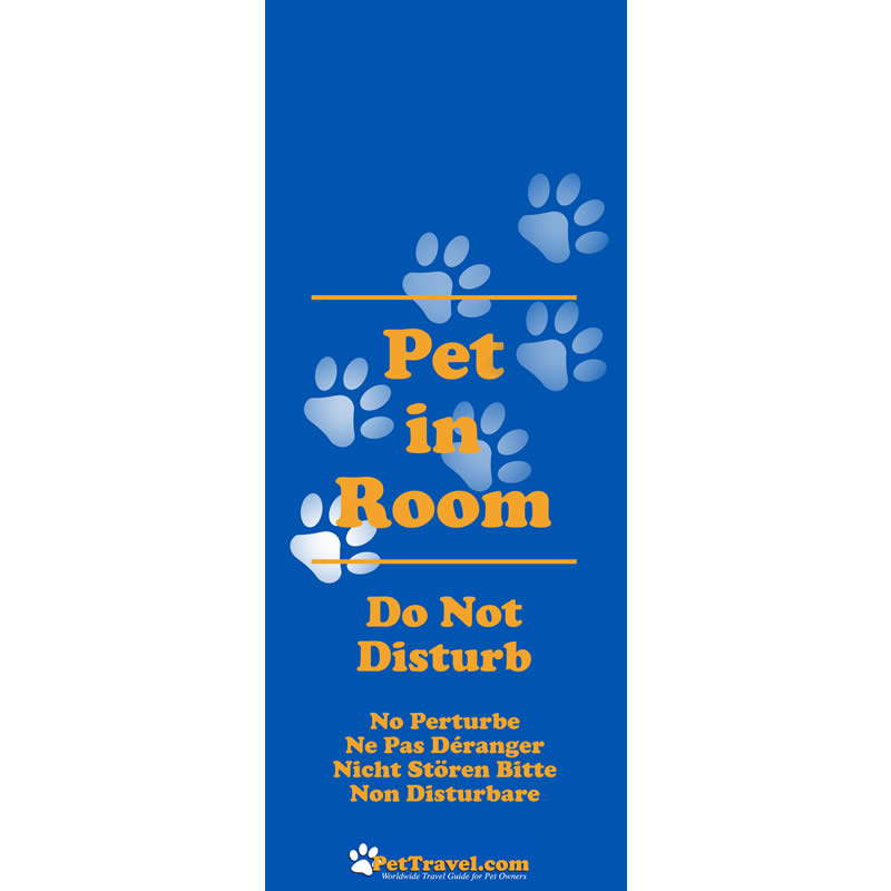 Blue door hanger with paw prints and text 'Pet in Room Do Not Disturb' on a white background