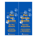 Two blue door hangers with paw prints and text indicating 'Pet in Room', 'Do Not Disturb', 'Pet not in Room', and 'Service Requested'.