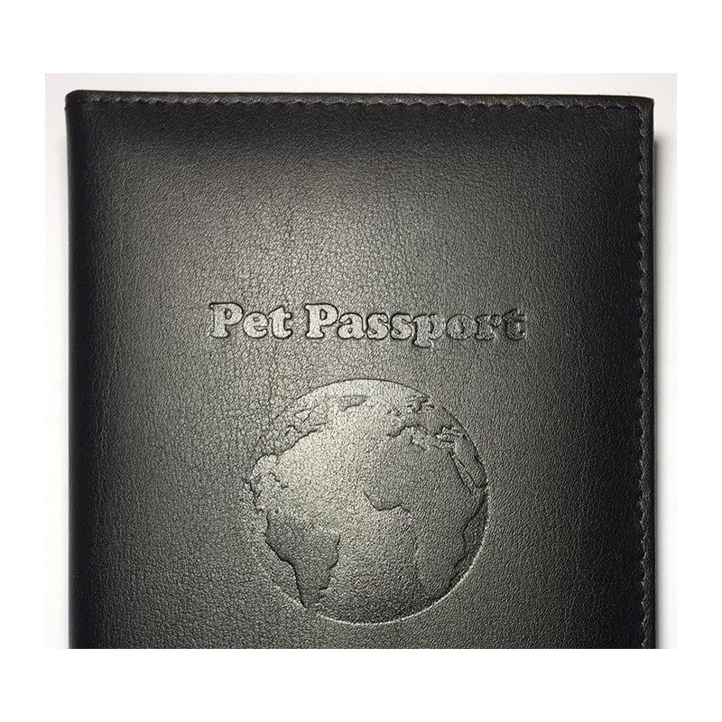 Black pet passport with embossed globe design and 'Pet Passport' text on a white background