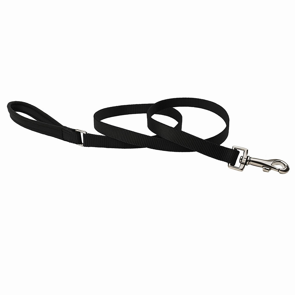 Black dog leash with a silver clasp on a white background