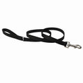 Black dog leash with a silver clasp on a white background