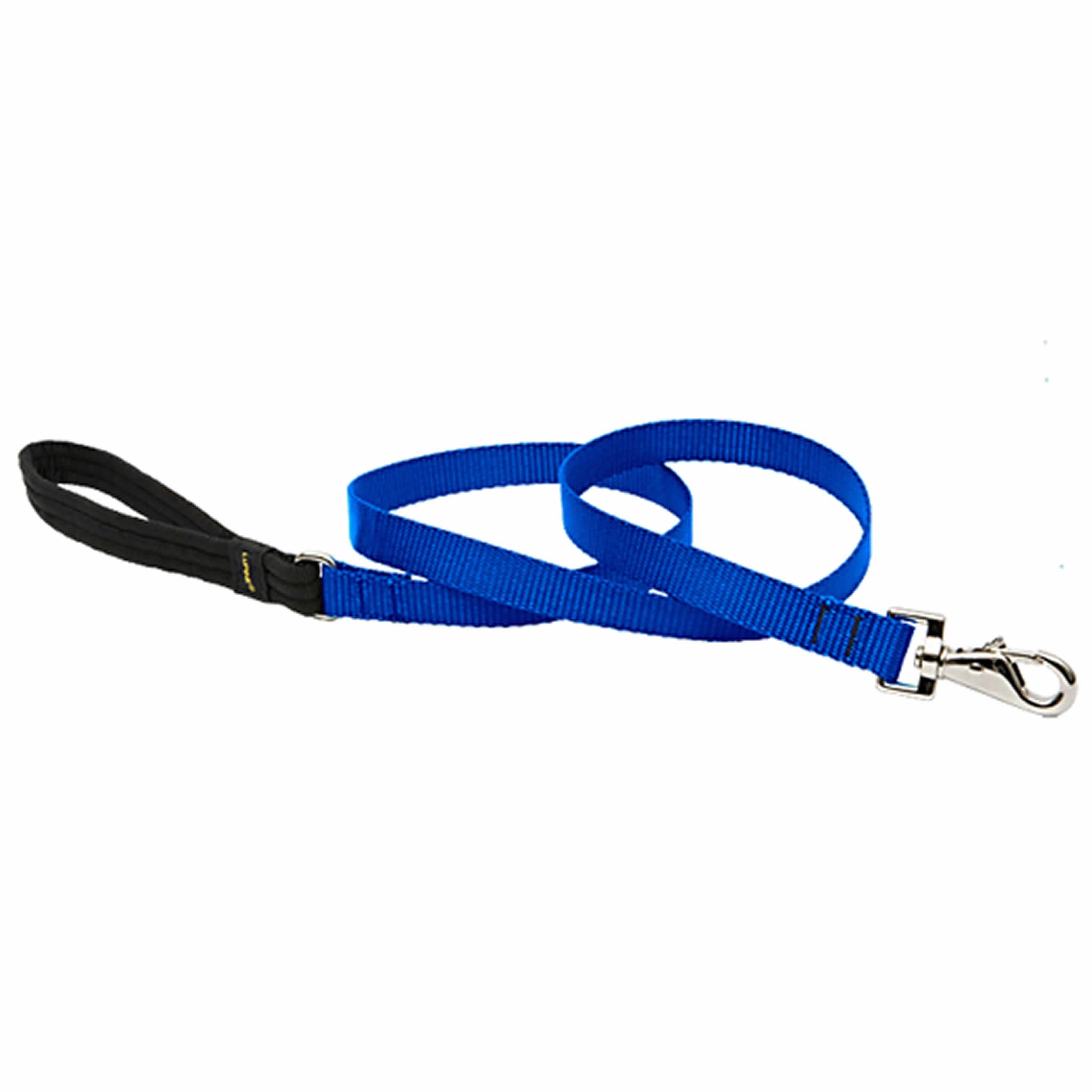 Blue dog leash with a black handle on a white background