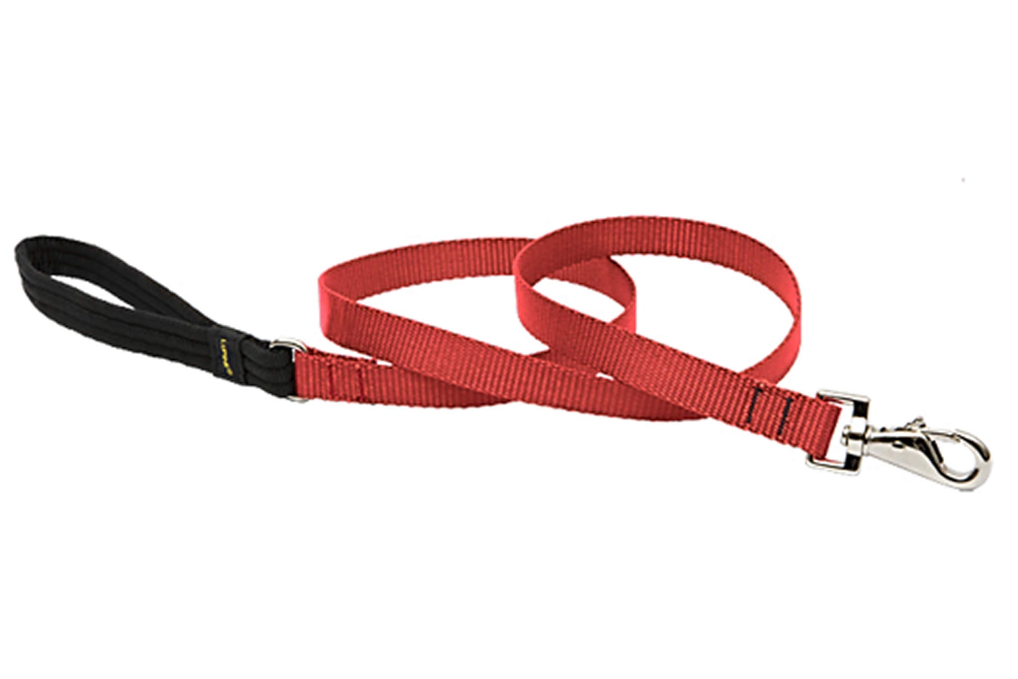 Red dog leash with a black handle on a white background