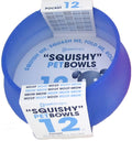Blue squishy pet travel bowl with packaging on a white background