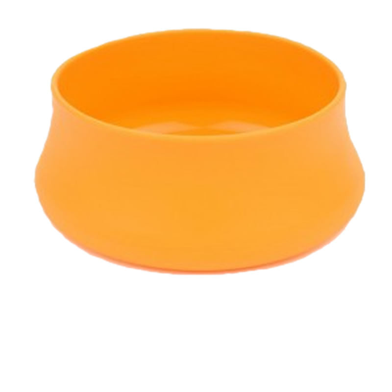 Orange silicone pet travel bowl on a white background